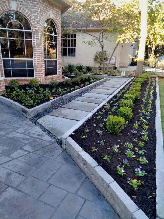Elegant front yard landscaping featuring a modern stone paver walkway, stamped concrete, and manicured raised garden beds installed by Results Tree & Landscape Inc. in Magnolia, Texas.