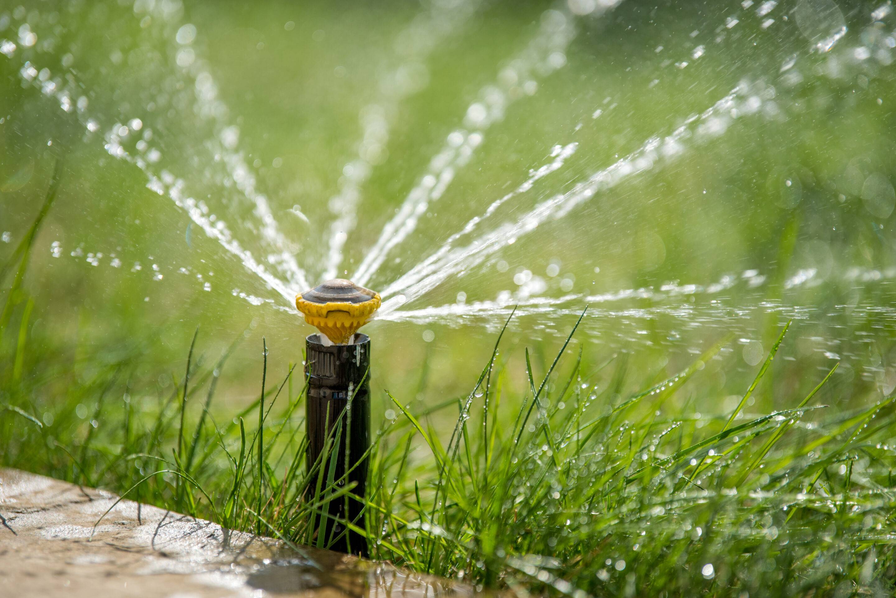 Close-up of a popup sprinkler head actively watering a green lawn, representing expert irrigation system installation and repair services in Magnolia, Texas.
