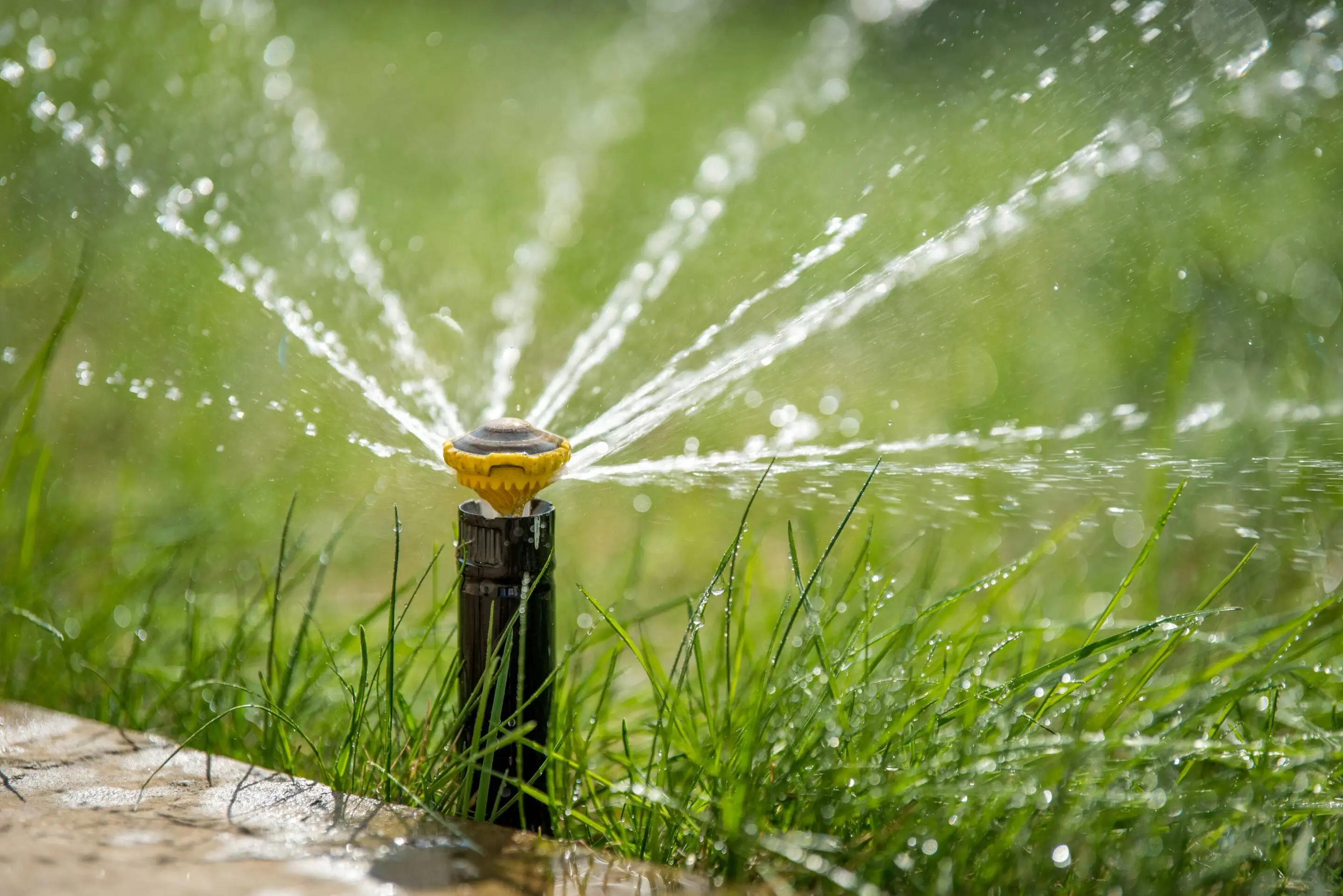 Close-up of a popup sprinkler head actively watering a green lawn, representing expert irrigation system installation and repair services in Magnolia, Texas.