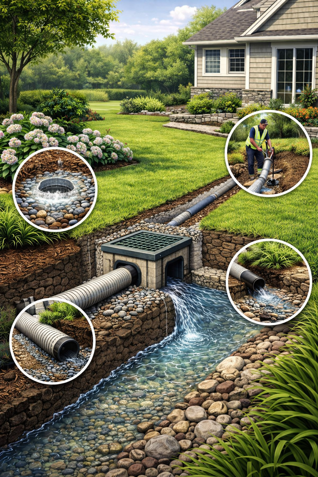 Catch Basin Installation & Yard Drain Systems (2) Professional landscape maintenance and lawn care services in Magnolia, TX, showing a lush, healthy green lawn and backyard garden.